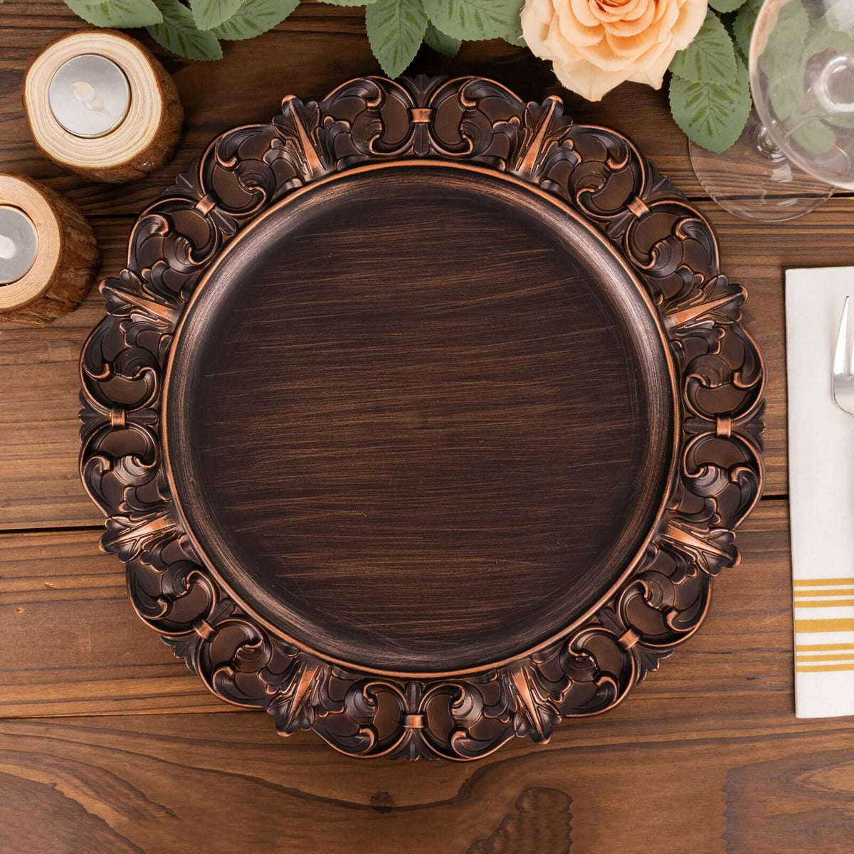 6-Pack Acrylic Charger Plates 13" Round Dark Brown with Aristocrat Retro Baroque Rim - Ornate Plastic Decorative Chargers